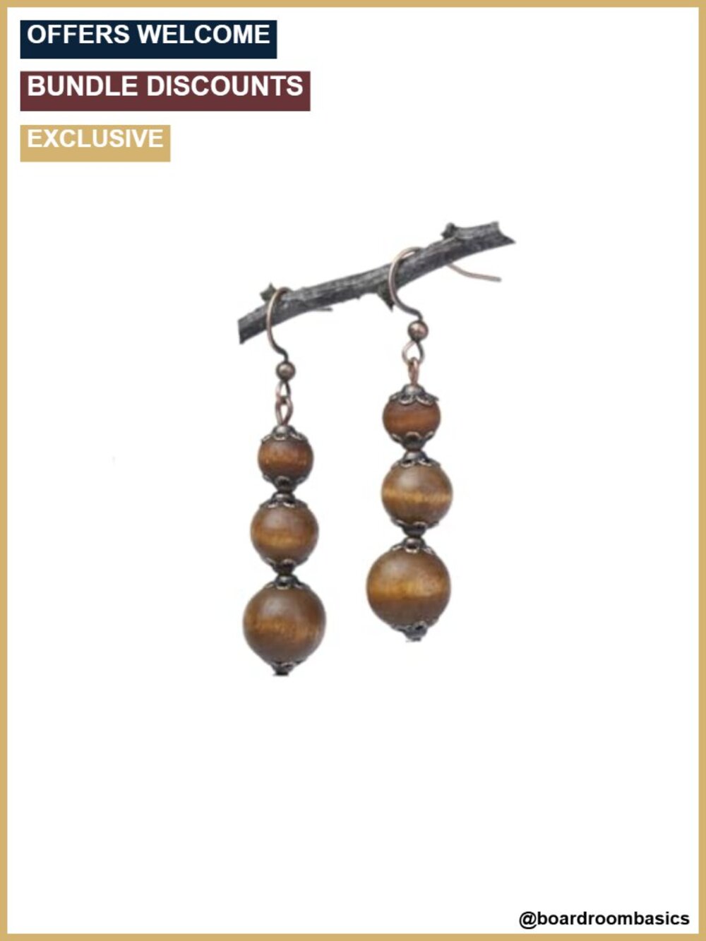 Handmade Wooden Beaded Dangle Drop Earrings Bohemian Minimalist Long Wood Bead